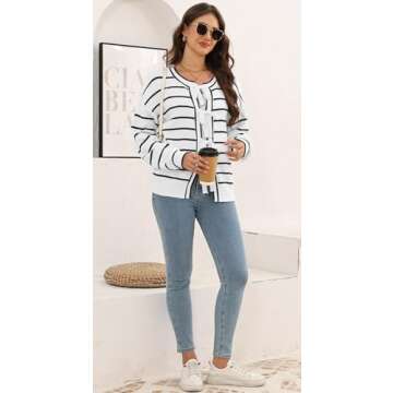 Disamer Women's 2025 Knit Cardigan Sweaters Fall Clothes Long Sleeve Fashion Casual Y2k Tie Open Front Cropped Jackets(Line White,S)