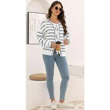 Disamer Women's 2025 Knit Cardigan Sweaters Fall Clothes Long Sleeve Fashion Casual Y2k Tie Open Front Cropped Jackets(Line White,S)