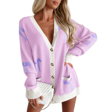 Saodimallsu Womens Oversized Cardigan Sweaters Bow Printed Button V Neck Long Sleeve Loose Knit Fall...