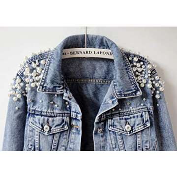 Kedera Women's Jean Jacket Embroidered Rivet Pearl Short Denim Jacket Coat