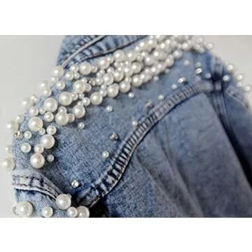 Kedera Women's Jean Jacket Embroidered Rivet Pearl Short Denim Jacket Coat
