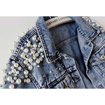 Kedera Women's Jean Jacket Embroidered Rivet Pearl Short Denim Jacket Coat