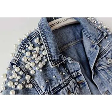 Kedera Women's Jean Jacket Embroidered Rivet Pearl Short Denim Jacket Coat