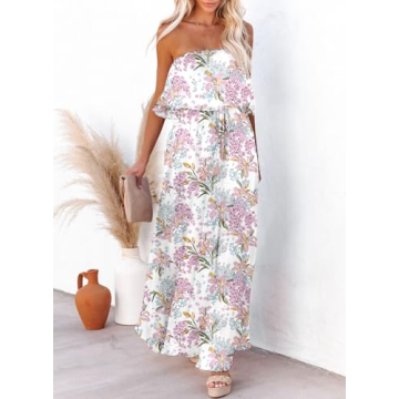 Dokotoo Summer Dresses for Women 2025 Boho Strapless Dress High Waist Flowy Maxi Dress Side Split Sexy Off The Shoulder Dresses Wedding Guest White