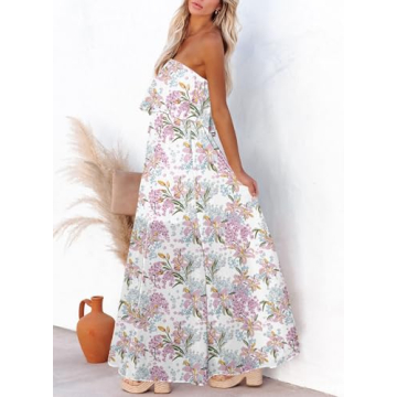 Dokotoo Summer Dresses for Women 2025 Boho Strapless Dress High Waist Flowy Maxi Dress Side Split Sexy Off The Shoulder Dresses Wedding Guest White