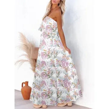 Dokotoo Summer Dresses for Women 2025 Boho Strapless Dress High Waist Flowy Maxi Dress Side Split Sexy Off The Shoulder Dresses Wedding Guest White