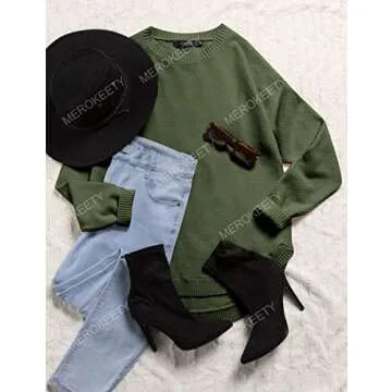 MEROKEETY Women's 2024 Fall Long Sleeve Oversized Crew Neck Solid Color Knit Pullover Sweater Tops, Green M