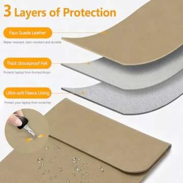 HYZUO 15-16 Inch Laptop Sleeve Compatible with MacBook Pro 16 M3/M2/M1 Pro/Max A2991 A2780 A2485 A2141 2024-2019, MacBook Pro 15 2012-2015, XPS 15, Faux Suede Leather Case with Small Bag, Khaki