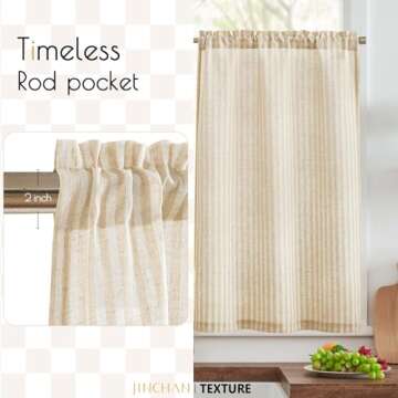 jinchan Linen Kitchen Curtains Striped Tier Curtains Ticking Stripe Curtains Pinstripe Cafe Curtains 36 Inch Length for Living Room Bathroom Farmhouse Rustic Curtains Rod Pocket 2 Panels Beige