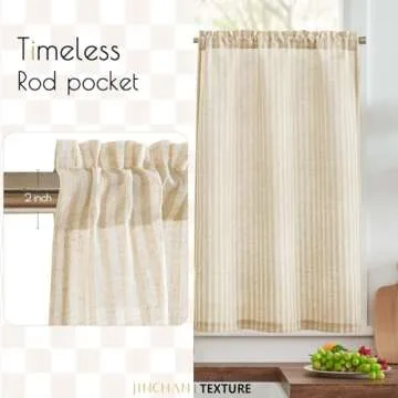 jinchan Linen Kitchen Curtains Striped Tier Curtains Ticking Stripe Curtains Pinstripe Cafe Curtains 36 Inch Length for Living Room Bathroom Farmhouse Rustic Curtains Rod Pocket 2 Panels Beige