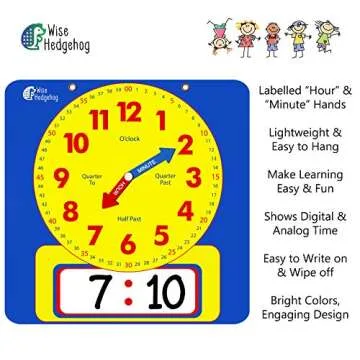 Large Dry Erase Magnetic Teaching Demonstration Clock, Kids Telling Time Learning Clock for Analog and Digital Time, Labelled Minute & Hour Hands, for School Classrooms & Homeschool Supplies