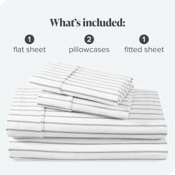 Bare Home Flannel Sheet Set Prints, 100% Cotton, Velvety Soft Heavyweight - Double Brushed Flannel for Extra Softness & Comfort - Deep Pocket - Bed Sheets (Queen, Ticking Stripe - White/Grey)