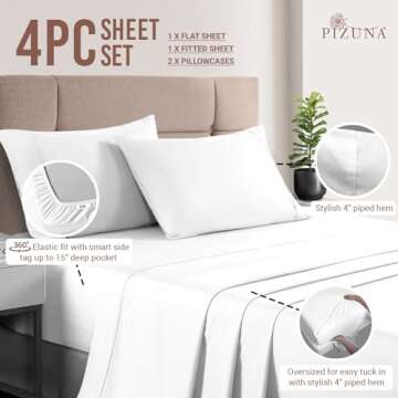 Pizuna 400 Thread Count Queen Cotton Bed Sheets Set, Long-Staple Cotton Sheet Sets Queen Size, Cooling 4 Piece Hotel Luxury Bedding Set with 15" Deep Pocket Fitted Sheet (Queen, White)