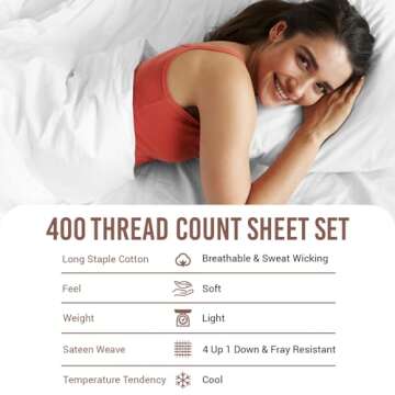 Pizuna 400 Thread Count Queen Cotton Bed Sheets Set, Long-Staple Cotton Sheet Sets Queen Size, Cooling 4 Piece Hotel Luxury Bedding Set with 15" Deep Pocket Fitted Sheet (Queen, White)