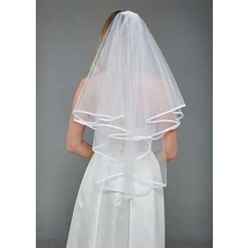 KUNG FU PARTY White Double Ribbon Edge Center Cascade Bridal Wedding Veil with Comb and Bride To Be Satin Sash Bachelorette Party Decorations Supplies