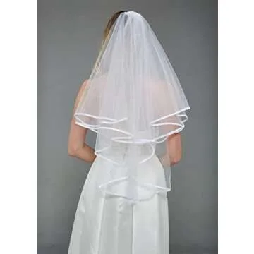 KUNG FU PARTY White Double Ribbon Edge Center Cascade Bridal Wedding Veil with Comb and Bride To Be Satin Sash Bachelorette Party Decorations Supplies