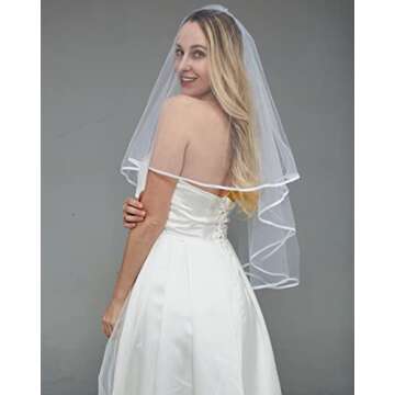 KUNG FU PARTY White Double Ribbon Edge Center Cascade Bridal Wedding Veil with Comb and Bride To Be Satin Sash Bachelorette Party Decorations Supplies