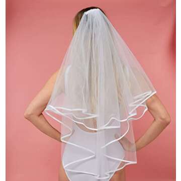 KUNG FU PARTY White Double Ribbon Edge Center Cascade Bridal Wedding Veil with Comb and Bride To Be Satin Sash Bachelorette Party Decorations Supplies