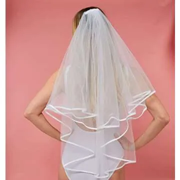 KUNG FU PARTY White Double Ribbon Edge Center Cascade Bridal Wedding Veil with Comb and Bride To Be Satin Sash Bachelorette Party Decorations Supplies