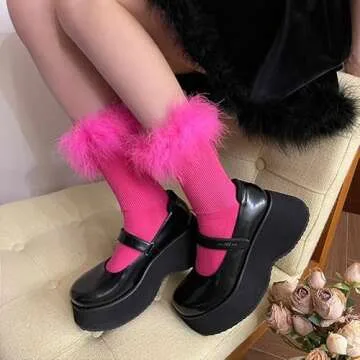 Violet Mist Funny Ruffle Feather Socks Women Girls Cute Frilly Hot Pink Feather Anklet Socks Sexy Solid Color Cotton Crew Socks Fancy Kawaii Decorated Lolita Sock Novelty Crazy Weird Dress Socks Gifts