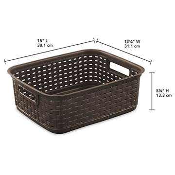 Sterilite Short Plastic Weave Storage Basket, Bin Organization for Countertops, Classroom, Tabletops and Shelves for Crafts, Jewelry, Brown, 6-Pack