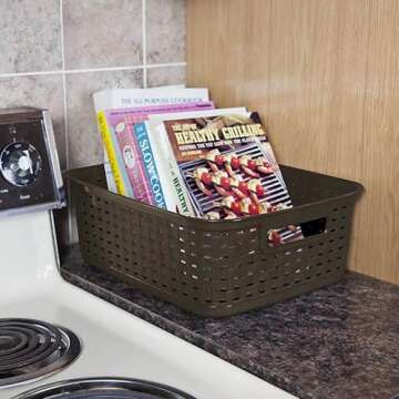 Sterilite Short Plastic Weave Storage Basket, Bin Organization for Countertops, Classroom, Tabletops and Shelves for Crafts, Jewelry, Brown, 6-Pack