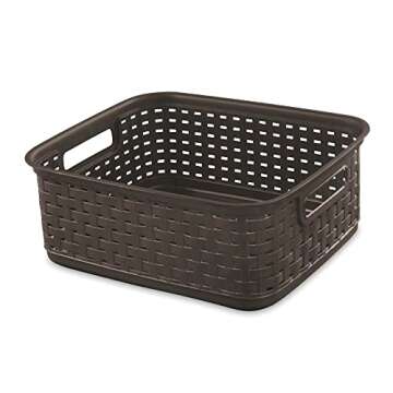 Sterilite Short Plastic Weave Storage Basket, Bin Organization for Countertops, Classroom, Tabletops and Shelves for Crafts, Jewelry, Brown, 6-Pack