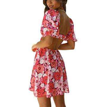 Cosygal Women's Summer Dresses Floral Print V-Neck High Waist Backless Cut Out Short Sleeve Mini Dress Pink Large