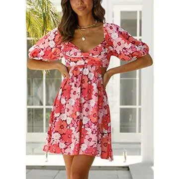 Cosygal Women's Floral Mini Dress with V-Neck and Puff Sleeves
