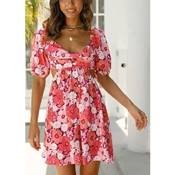 Cosygal Women's Floral Mini Dress with V-Neck and Puff Sleeves