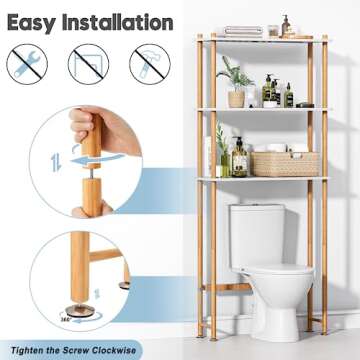 AmazerBath Bamboo Over The Toilet Storage Shelf, Bathroom Storage Organizer Rack, 3-Tier Bathroom Shelves Space Saver, White and Natural Color