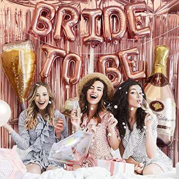 Bachelorette Party Decorations, Bridal Shower Decorations Supplies Bride to Be Balloons Rose Gold Bridal Foil Curtain Backdrop (Give Balloon Pump and Temporary Tattoos)