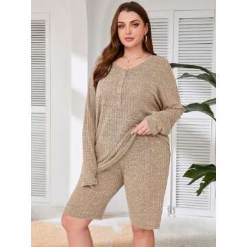 AusLook Women's Plus Size Lounge Pajamas Sets Camel 4X Ribbed Knit Long Sleeve Top and Shorts Outfit...