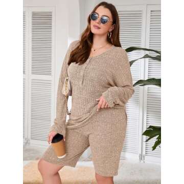AusLook Women's Plus Size Lounge Pajamas Sets Camel 4X Ribbed Knit Long Sleeve Top and Shorts Outfits 2 Piece Pjs Sets Casual Sleepwear Nightwear Loungewear Sweatsuit