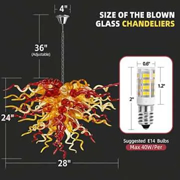 BeyPan Hand Blown Glass Chandelier Postmodern Red and Amber Chandeliers Lighting Hanging Ceiling 28" Wide Light Fixture for Staircase Foyer Entryway Living Room