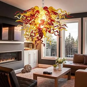 BeyPan Hand Blown Glass Chandelier Postmodern Red and Amber Chandeliers Lighting Hanging Ceiling 28" Wide Light Fixture for Staircase Foyer Entryway Living Room