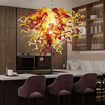 BeyPan Hand Blown Glass Chandelier Postmodern Red and Amber Chandeliers Lighting Hanging Ceiling 28" Wide Light Fixture for Staircase Foyer Entryway Living Room