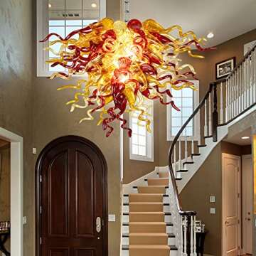BeyPan Hand Blown Glass Chandelier Postmodern Red and Amber Chandeliers Lighting Hanging Ceiling 28" Wide Light Fixture for Staircase Foyer Entryway Living Room