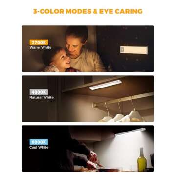 ASOKO Under Cabinet Lights Motion Sensor Light Indoor 3-Colors USB-C Rechargeable LED Closet Lights Battery Operated Wireless Magnetic Light Strip for Kitchen(Silver-3 Colors Light, 3 Pack-7.8inch)