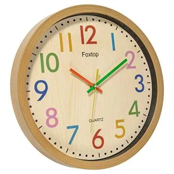 Foxtop Silent Kids Wall Clock 12 Inch Non-Ticking Battery Operated Colorful Childrens Clock for Clas...