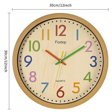 Foxtop Silent Kids Wall Clock 12 Inch Non-Ticking Battery Operated Colorful Childrens Clock for Classroom Playroom Nursery Bedrooms Kids Room School