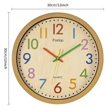 Foxtop Silent Kids Wall Clock 12 Inch Non-Ticking Battery Operated Colorful Childrens Clock for Classroom Playroom Nursery Bedrooms Kids Room School