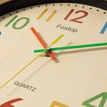 Foxtop Silent Kids Wall Clock 12 Inch Non-Ticking Battery Operated Colorful Childrens Clock for Classroom Playroom Nursery Bedrooms Kids Room School