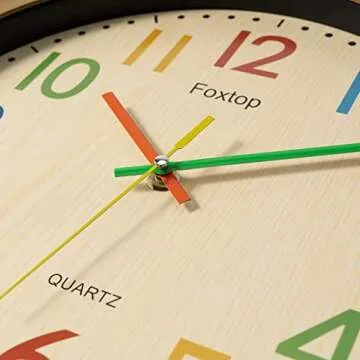 Foxtop Silent Kids Wall Clock 12 Inch Non-Ticking Battery Operated Colorful Childrens Clock for Classroom Playroom Nursery Bedrooms Kids Room School