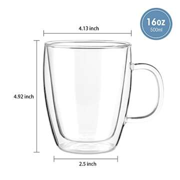 Liuruiyu Double Wall Glass Coffee mugs, (Set of 4) 16 Ounces-Clear Glass Coffee Cups with Handle,Ins...