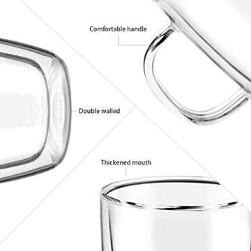 Liuruiyu Double Wall Glass Coffee mugs, (Set of 4) 16 Ounces-Clear Glass Coffee Cups with Handle,Insulated Coffee Glass,Cappuccino Cups,Tea Cups,Latte Cups,Beverage Glasses