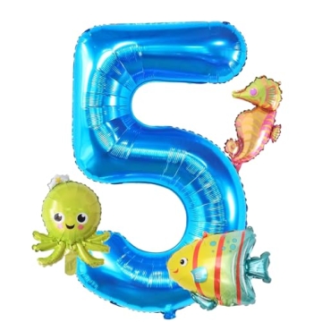 40 Inch Blue Number 5 with Mini Sea Animals Balloon for Birthday and Baby Shower Decorations