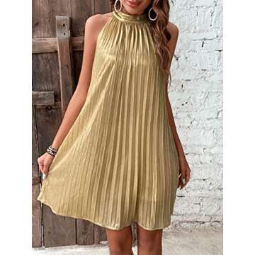 SweatyRocks Women's Sleeveless Tie Back Halter Dress Mini Swing Pleated A-line Skater Dress Solid Gold S