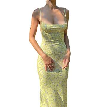 NUFIWI Women Floral Printed Spaghetti Strap Maxi Dress Y2K Low Cut Backless Long Dress Summer Streetwear Party Club(Backless Yellow,Small)