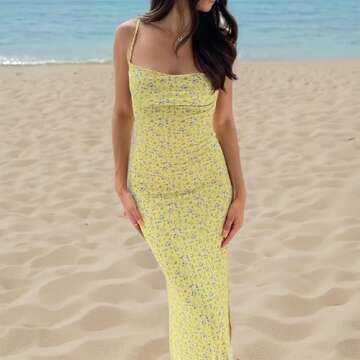 NUFIWI Women Floral Printed Spaghetti Strap Maxi Dress Y2K Low Cut Backless Long Dress Summer Streetwear Party Club(Backless Yellow,Small)